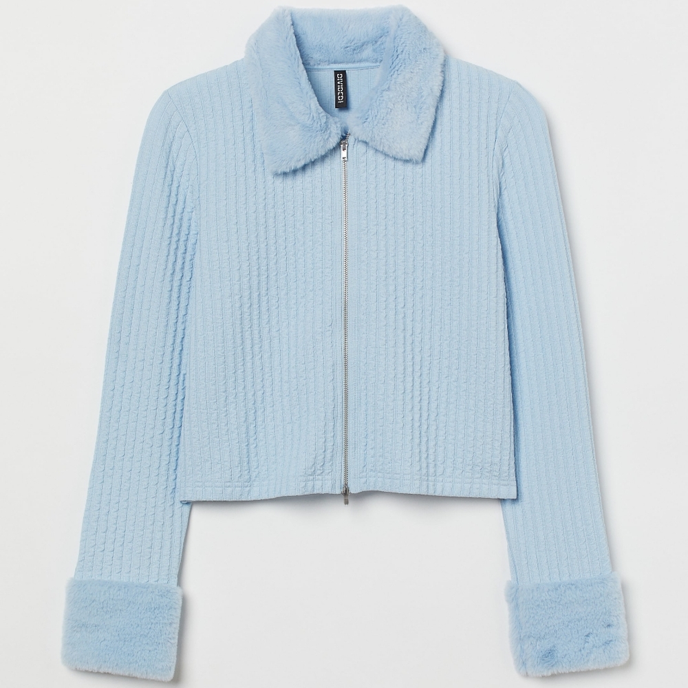 H&M Baby Blue Fur Lined Zip Up Cardigan